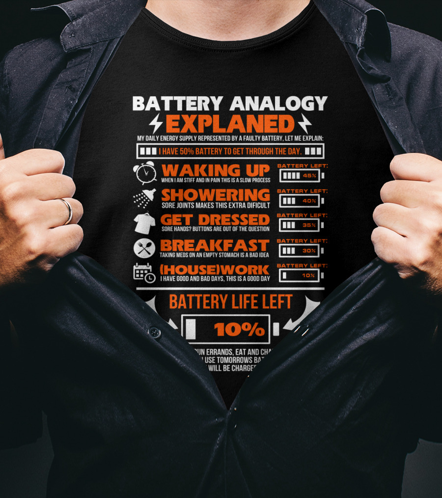 Battery Analogy Explained Waking Up Showering Get Dressed Breakfast Housework Battery Life Left 10% T-Shirt