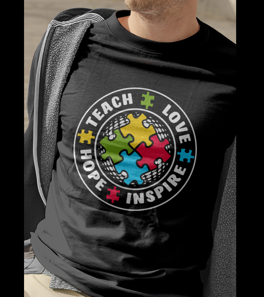 Autism Teacher Special Education Back Teach Love Hope Inspire Puzzle T-Shirt