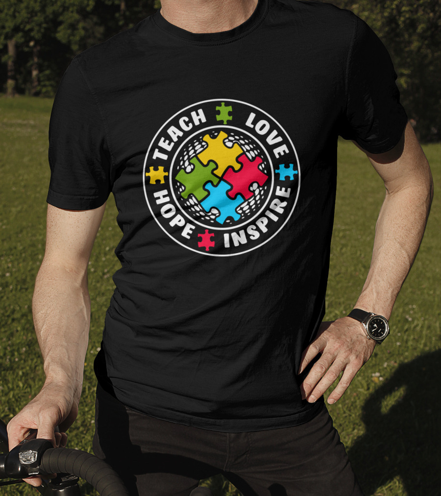 Autism Teacher Special Education Back Teach Love Hope Inspire Puzzle T-Shirt
