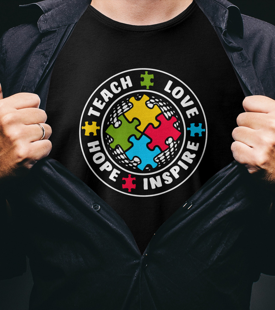 Autism Teacher Special Education Back Teach Love Hope Inspire Puzzle T-Shirt