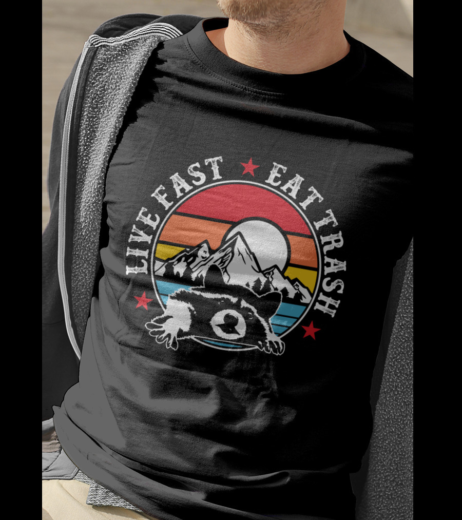Live Fast Eat Trash Funny Raccoon Mountains Camping Retro Sunset T-Shirt