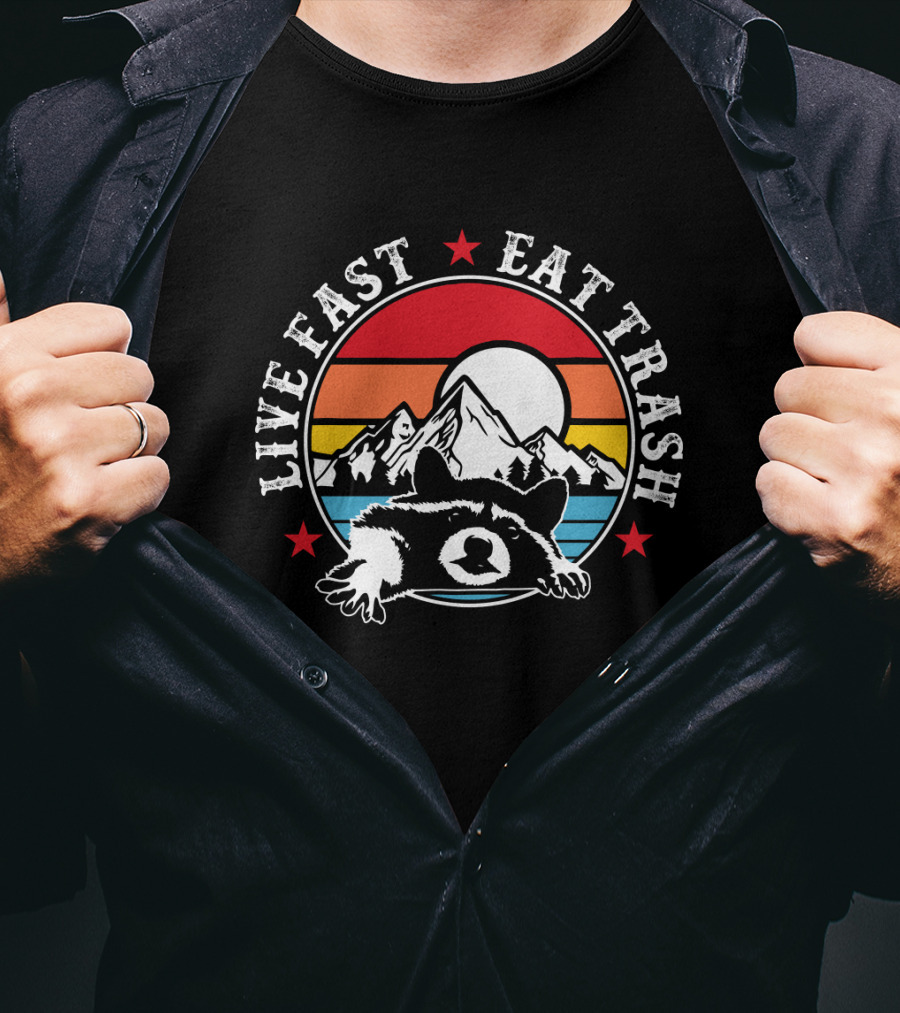 Live Fast Eat Trash Funny Raccoon Mountains Camping Retro Sunset T-Shirt