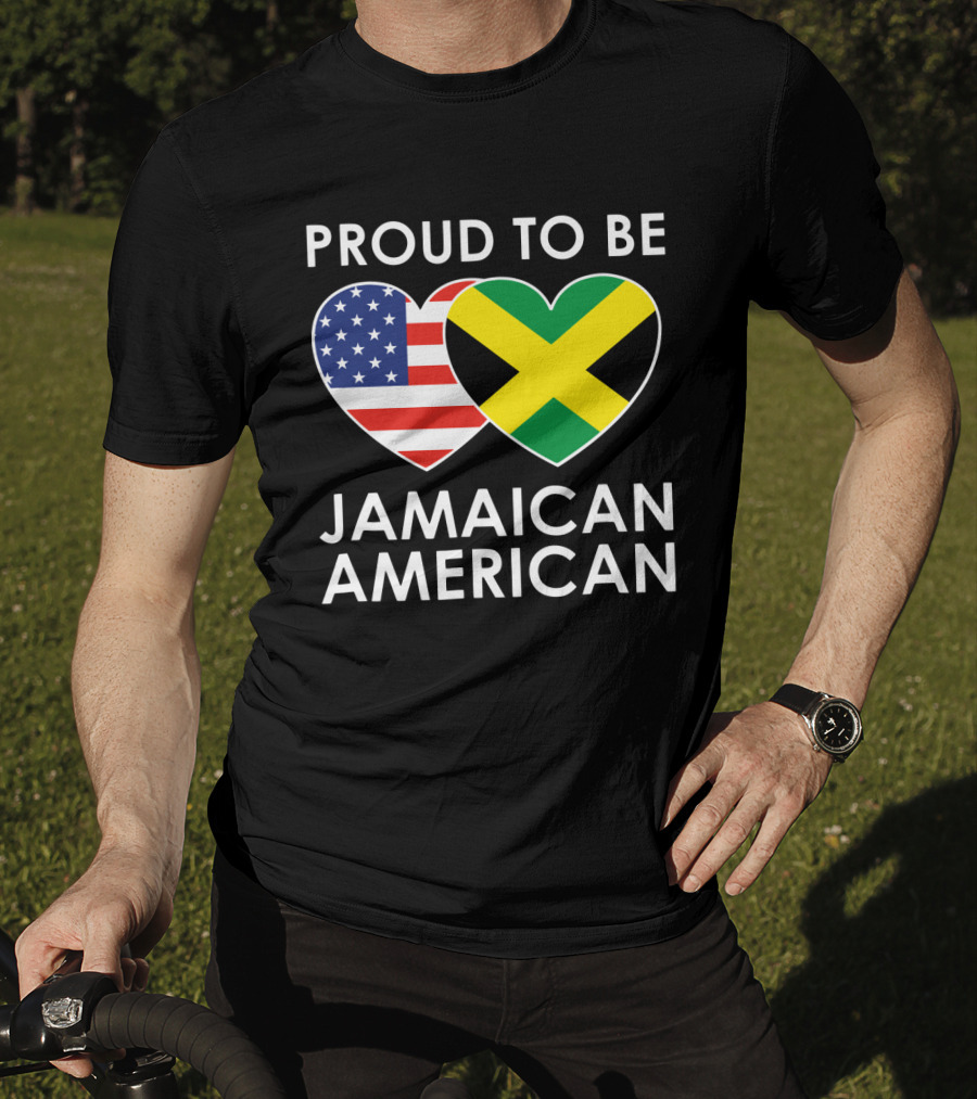 Proud To Be Jamaican American USA Flag Jamaican Flag Hearts T-Shirt