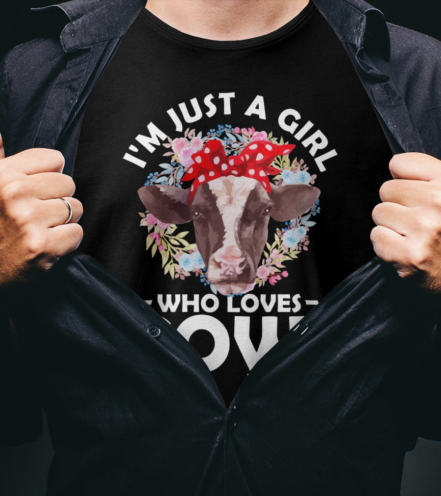 I'm Just A Girl Who Loves Cows Floral Pattern Cow Head With Red Polka Dot Bow T-Shirt