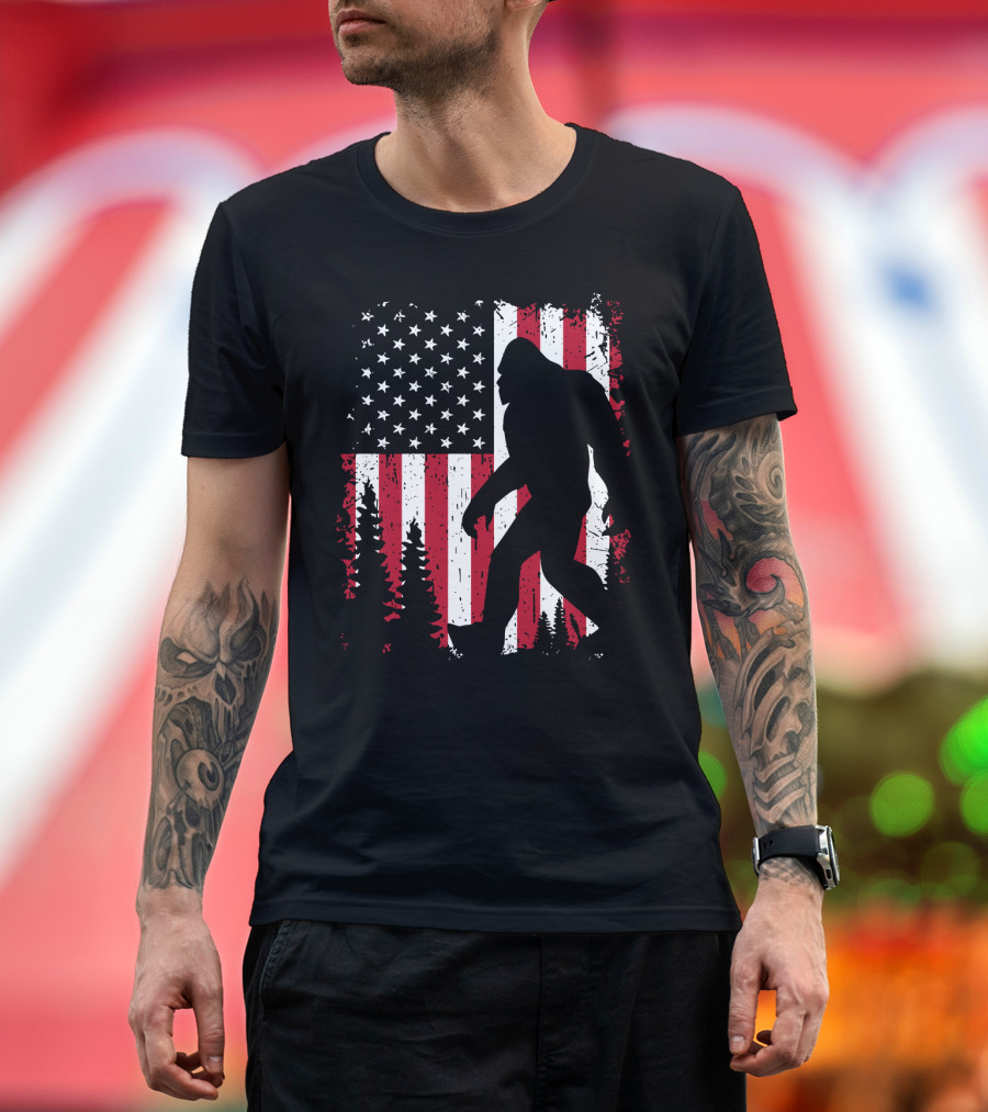 Bigfoot Walking Across American Flag with Forest T-Shirt
