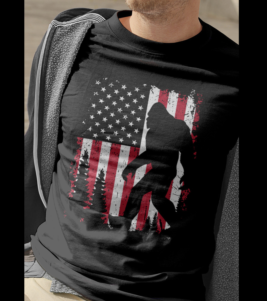 Bigfoot Walking Across American Flag With Forest T-Shirt