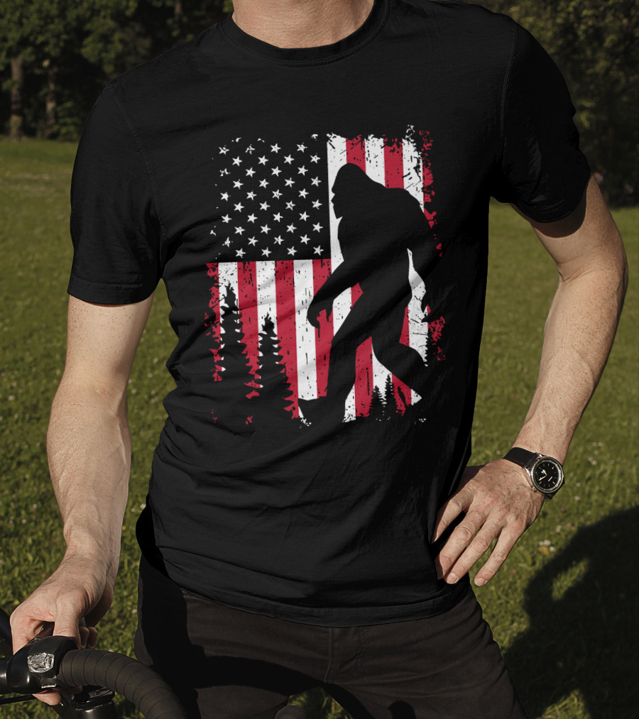 Bigfoot Walking Across American Flag With Forest T-Shirt