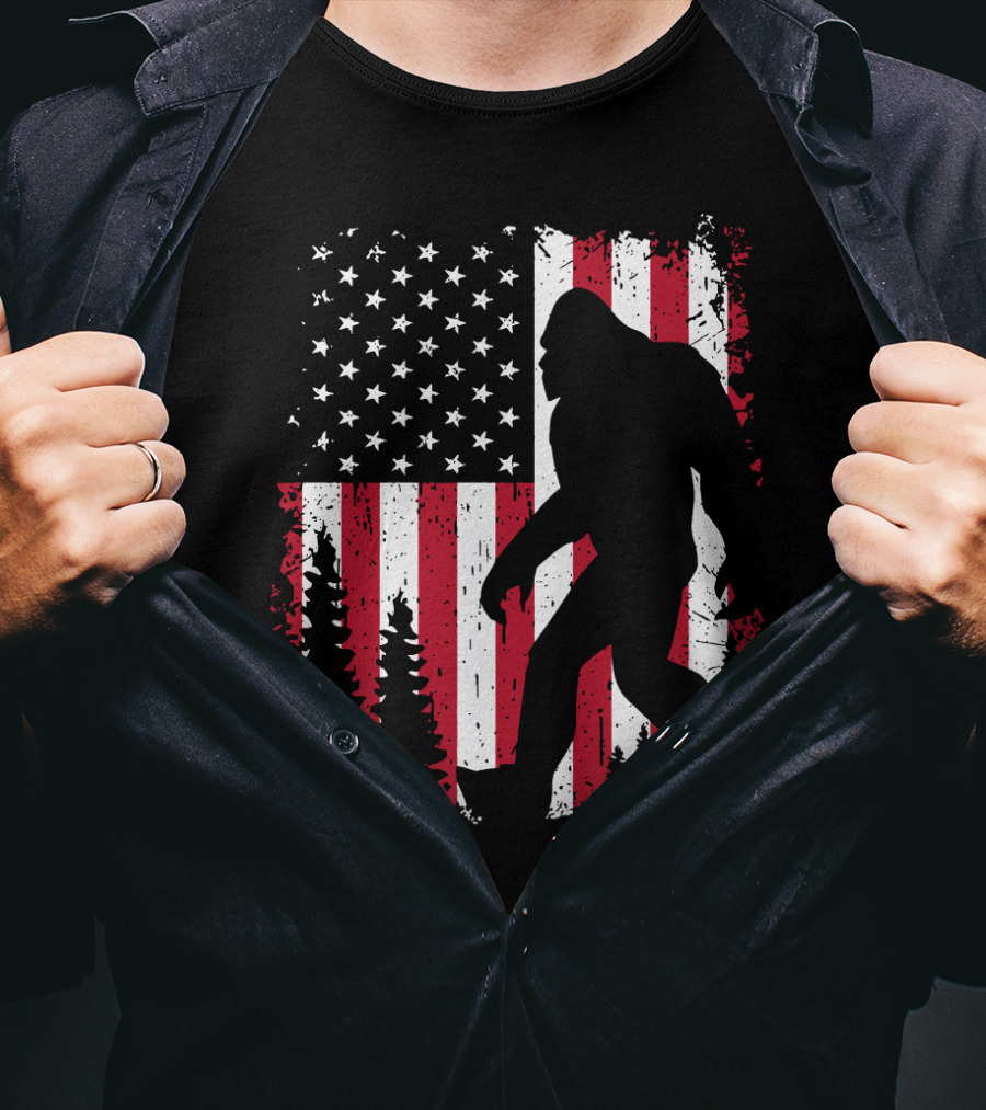 Bigfoot Walking Across American Flag With Forest T-Shirt