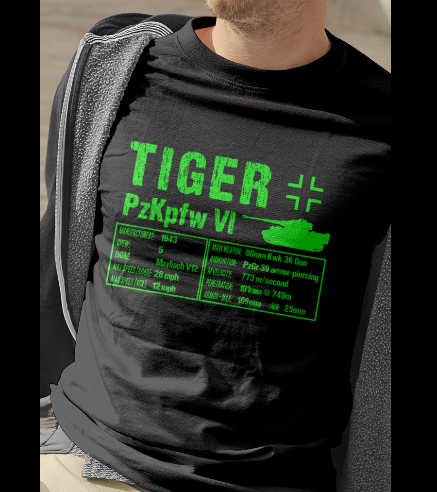 Tiger PzKpfw VI 1943 German Heavy Tank Specs With 88mm KwK 36 Gun T-Shirt