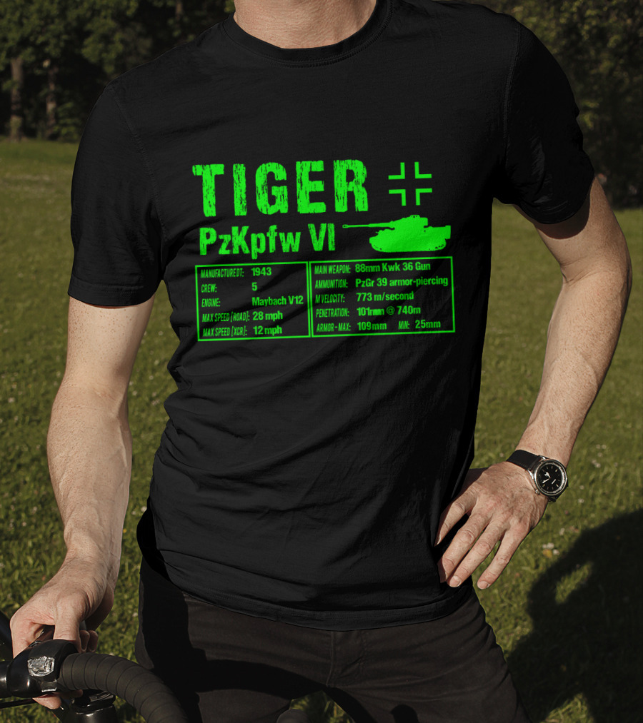 Tiger PzKpfw VI 1943 German Heavy Tank Specs With 88mm KwK 36 Gun T-Shirt
