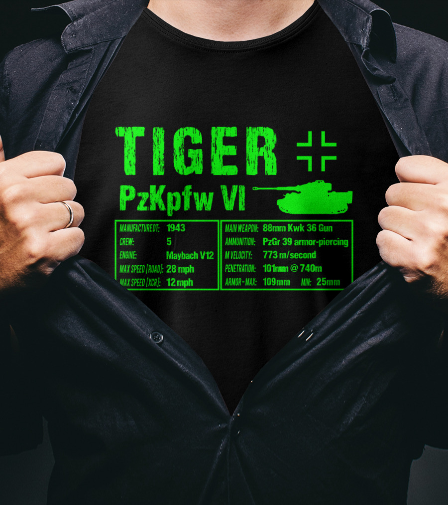 Tiger PzKpfw VI 1943 German Heavy Tank Specs With 88mm KwK 36 Gun T-Shirt