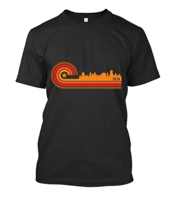 Retro Tulsa OK Skyline With Star And Sunset Stripes T-Shirt