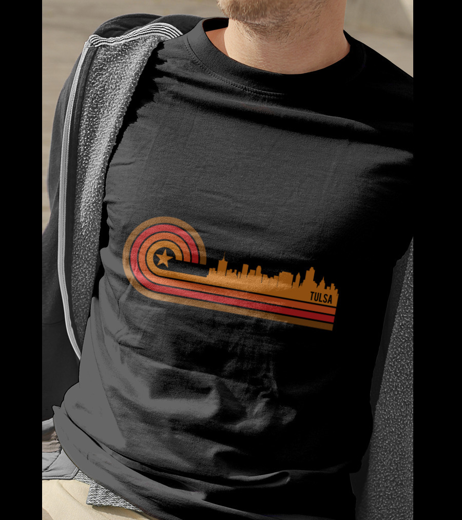Retro Tulsa OK Skyline With Star And Sunset Stripes T-Shirt