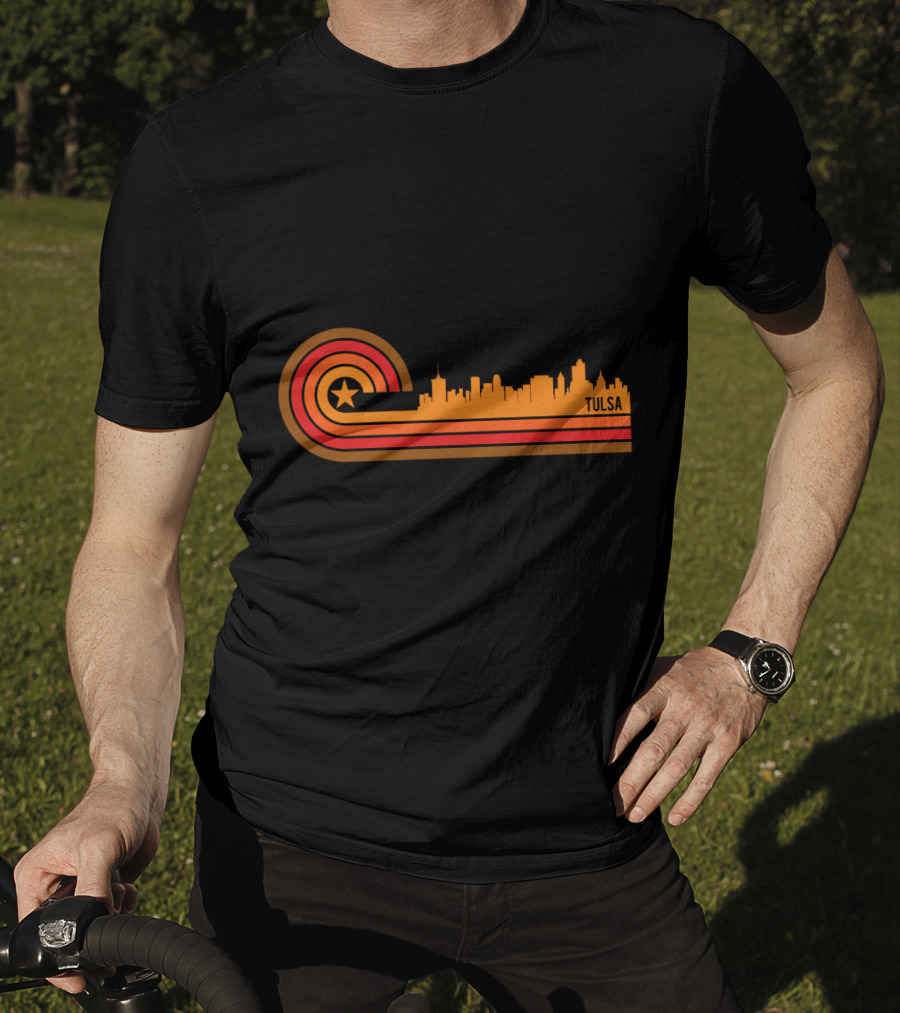 Retro Tulsa OK Skyline With Star And Sunset Stripes T-Shirt
