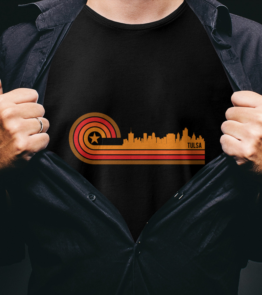 Retro Tulsa OK Skyline With Star And Sunset Stripes T-Shirt