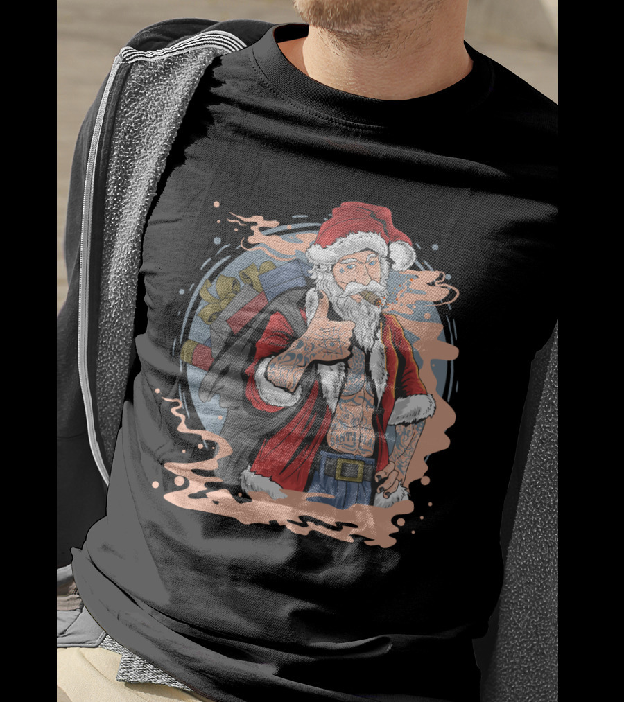 Christmas Santa Claus Smoking Tattooed Holiday Thumbs Up T-Shirt