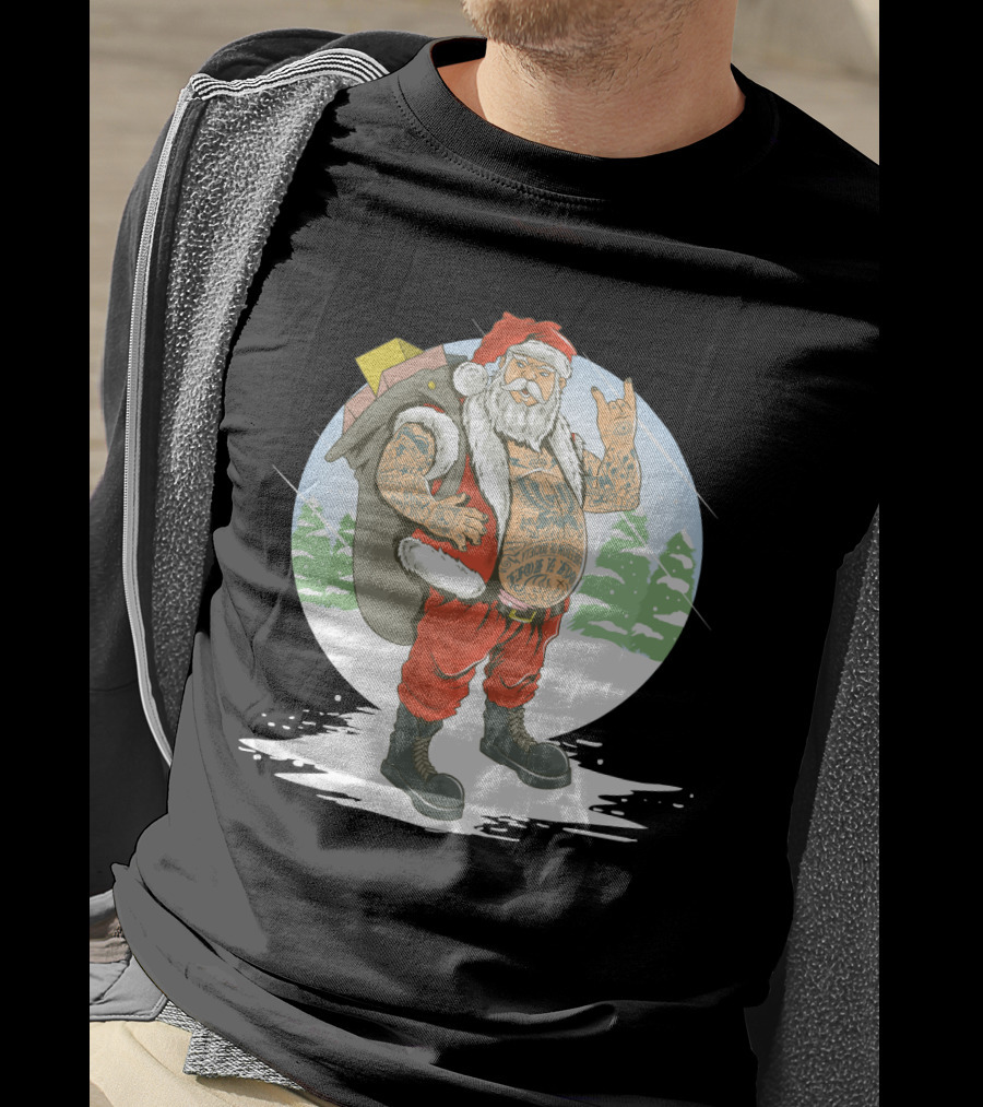 Christmas Santa Claus With Full Body Tattoo And Rock Hand Gesture T-Shirt