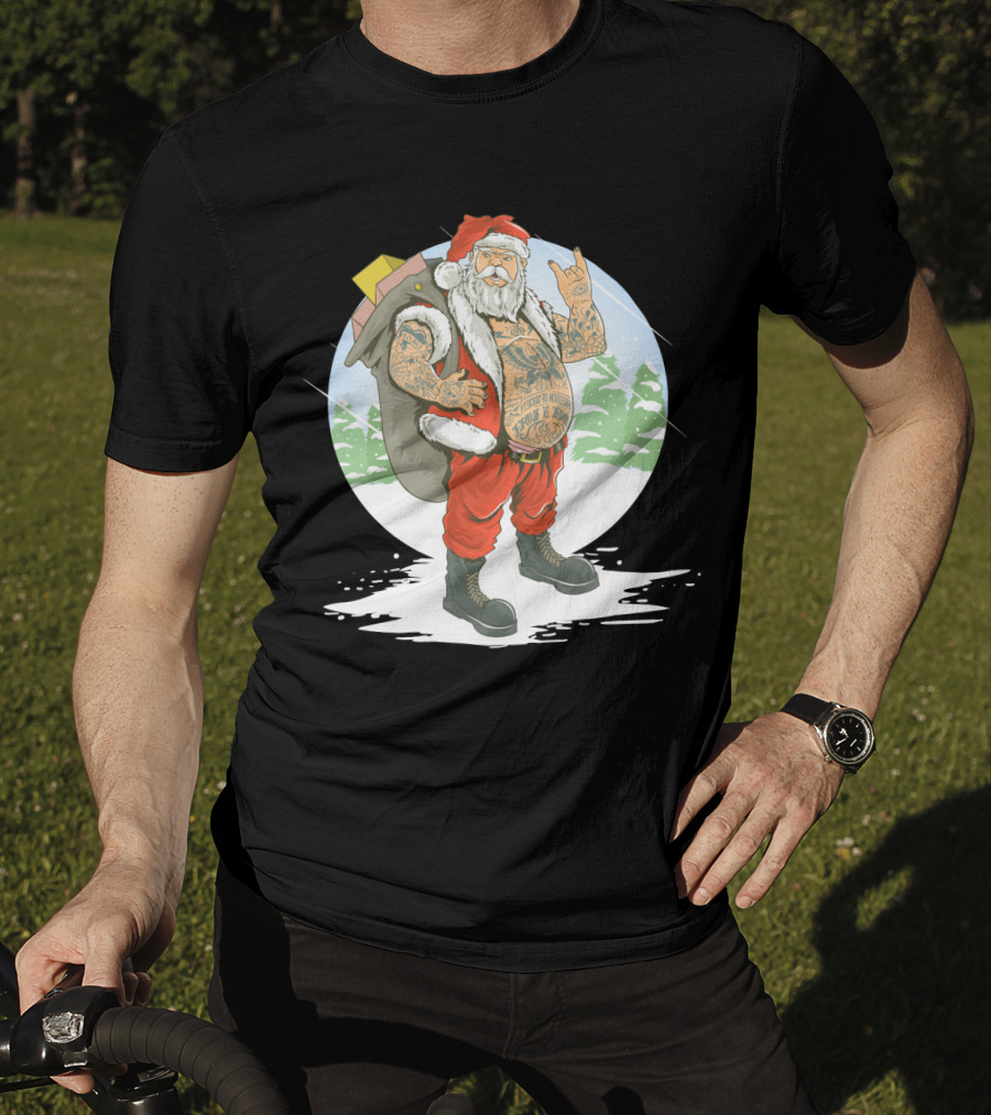 Christmas Santa Claus With Full Body Tattoo And Rock Hand Gesture T-Shirt