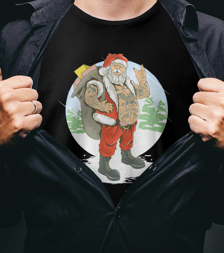 Christmas Santa Claus With Full Body Tattoo And Rock Hand Gesture T-Shirt