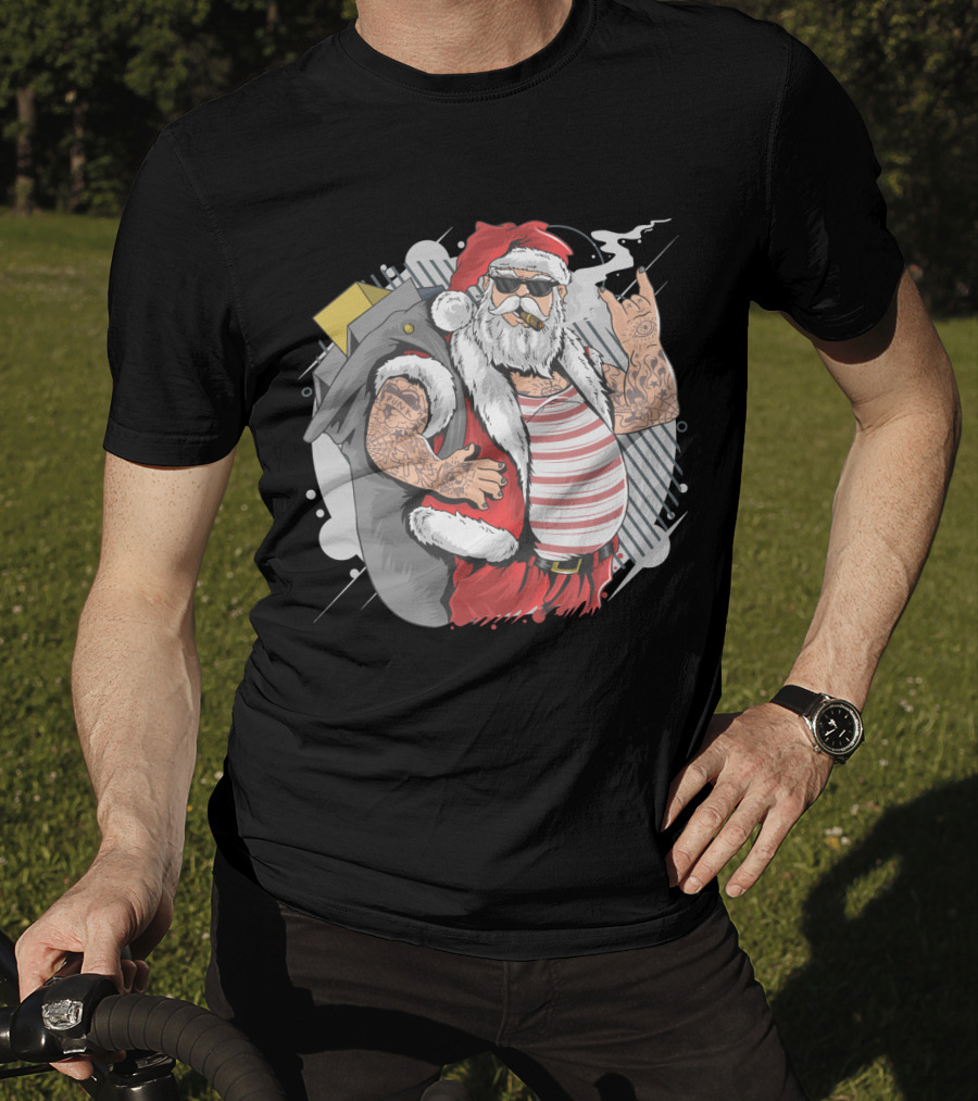 Santa Claus Merry Christmas Tattoo Rock Hand Illustrated T-Shirt