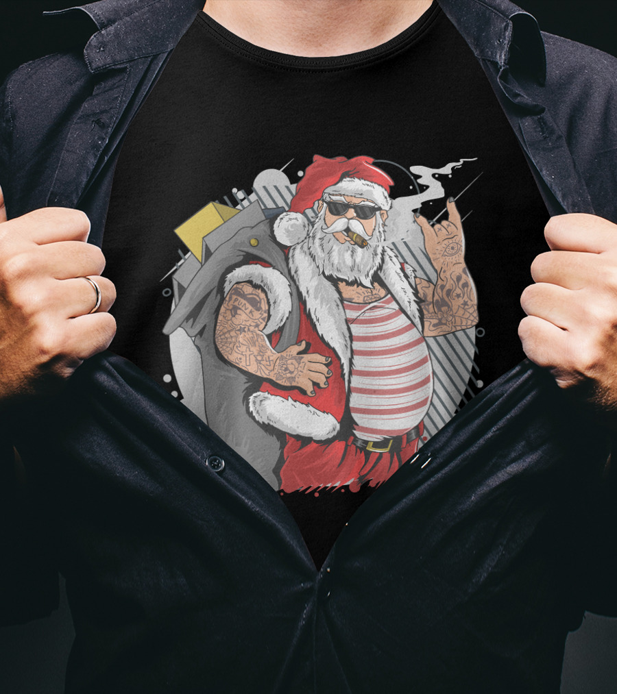 Santa Claus Merry Christmas Tattoo Rock Hand Illustrated T-Shirt
