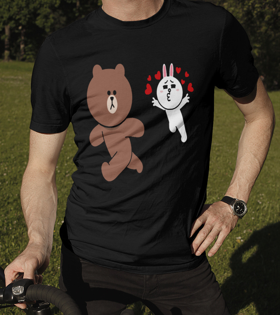 Cute Brown Bear Cony Bunny Rabbit Love Hearts Chase Valentine's Day Run T-Shirt