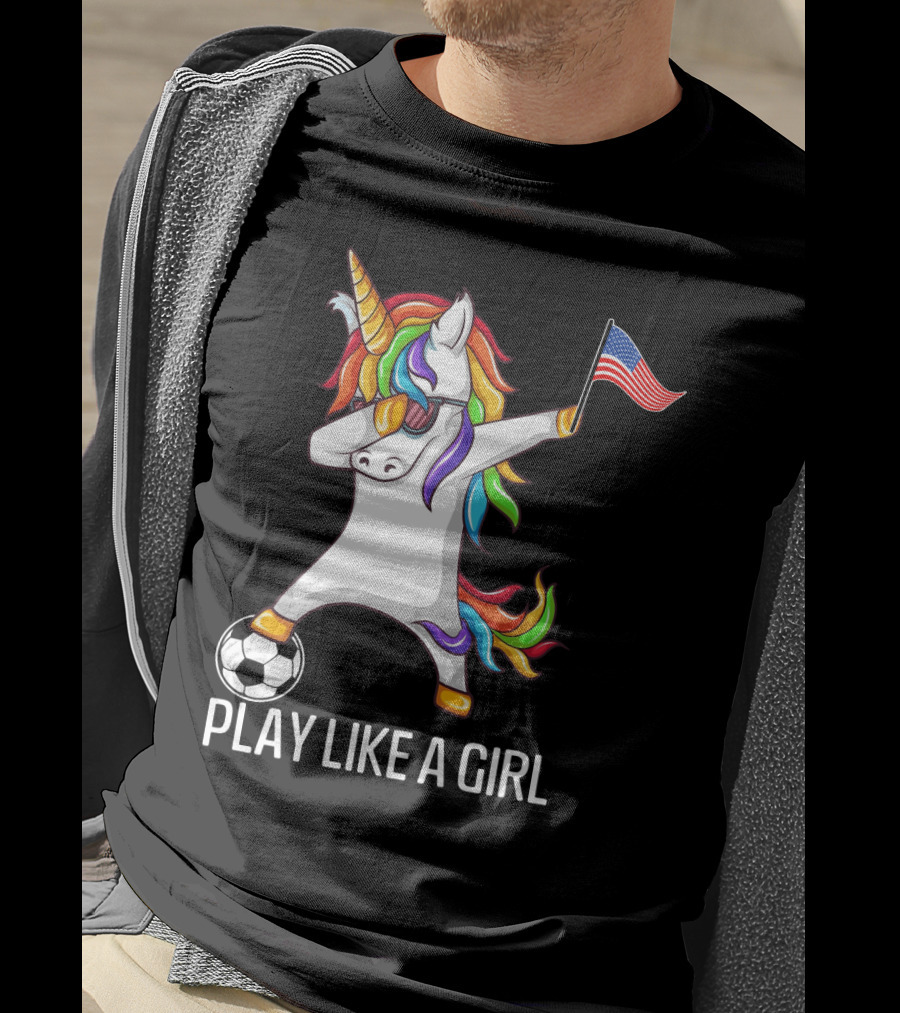 Dabbing Unicorn Play Like A Girl USA Soccer T-Shirt