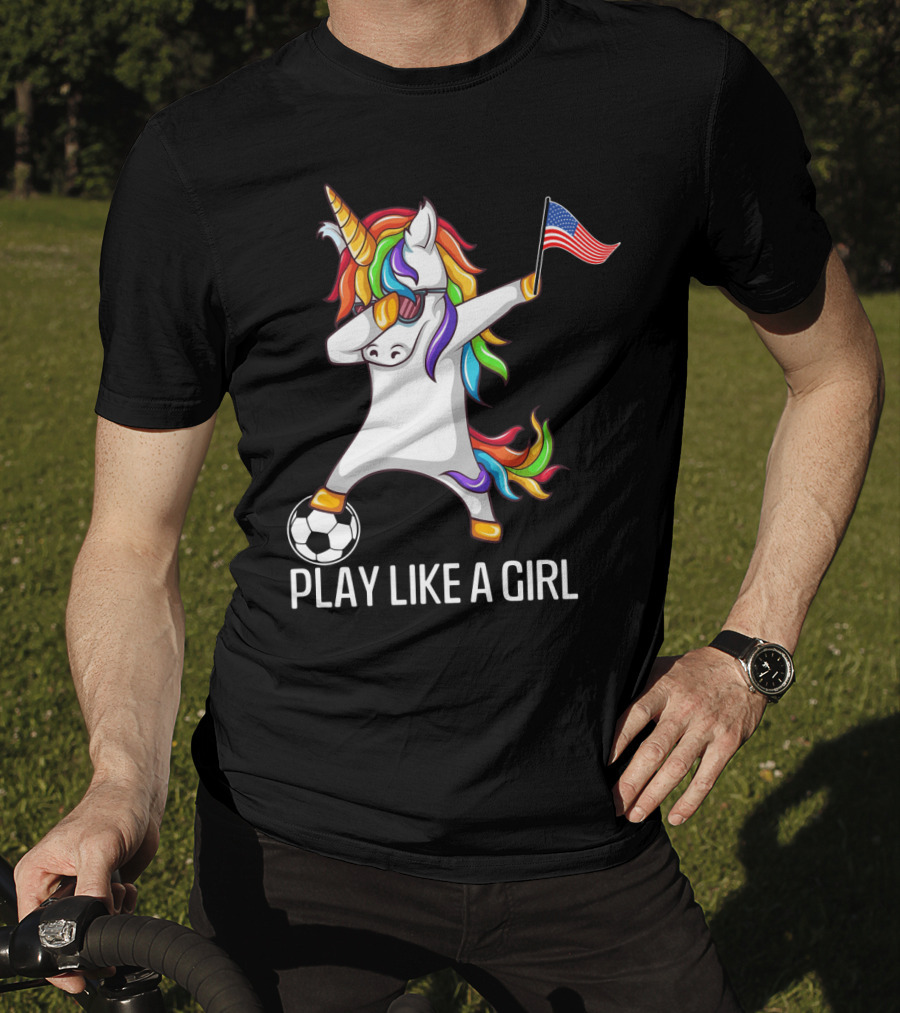 Dabbing Unicorn Play Like A Girl USA Soccer T-Shirt