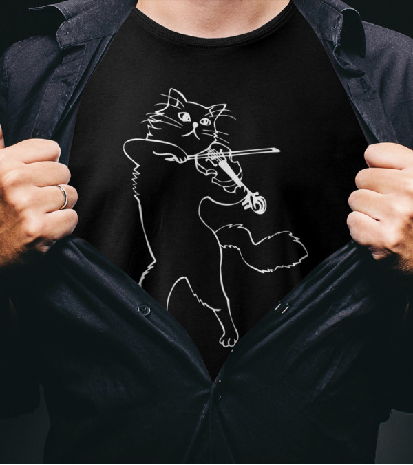 Fiddle Violin Cat Playing Musician Instrument Band Strings T-Shirt