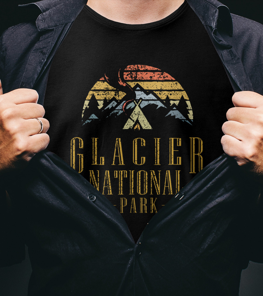 Glacier National Park Retro Mountain Campground Teepee T-Shirt