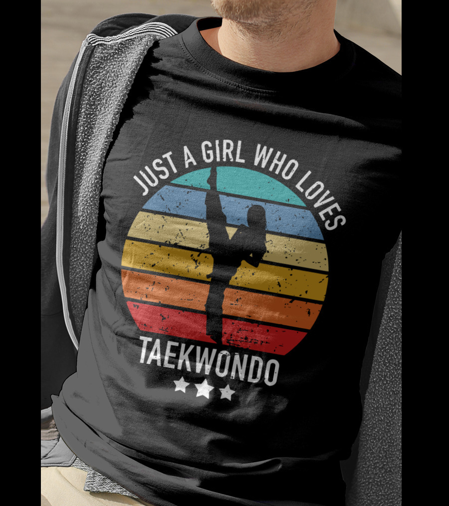 Just A Girl Who Loves Taekwondo Vintage Silhouette Rainbow Stripes T-Shirt