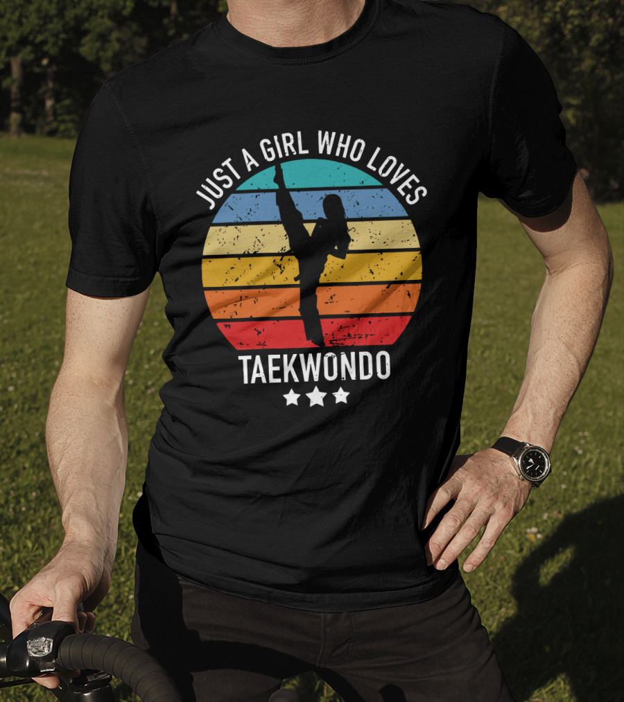 Just A Girl Who Loves Taekwondo Vintage Silhouette Rainbow Stripes T-Shirt