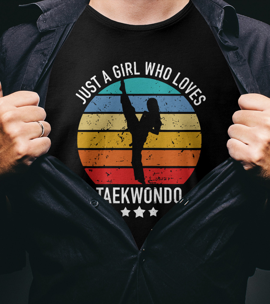 Just A Girl Who Loves Taekwondo Vintage Silhouette Rainbow Stripes T-Shirt
