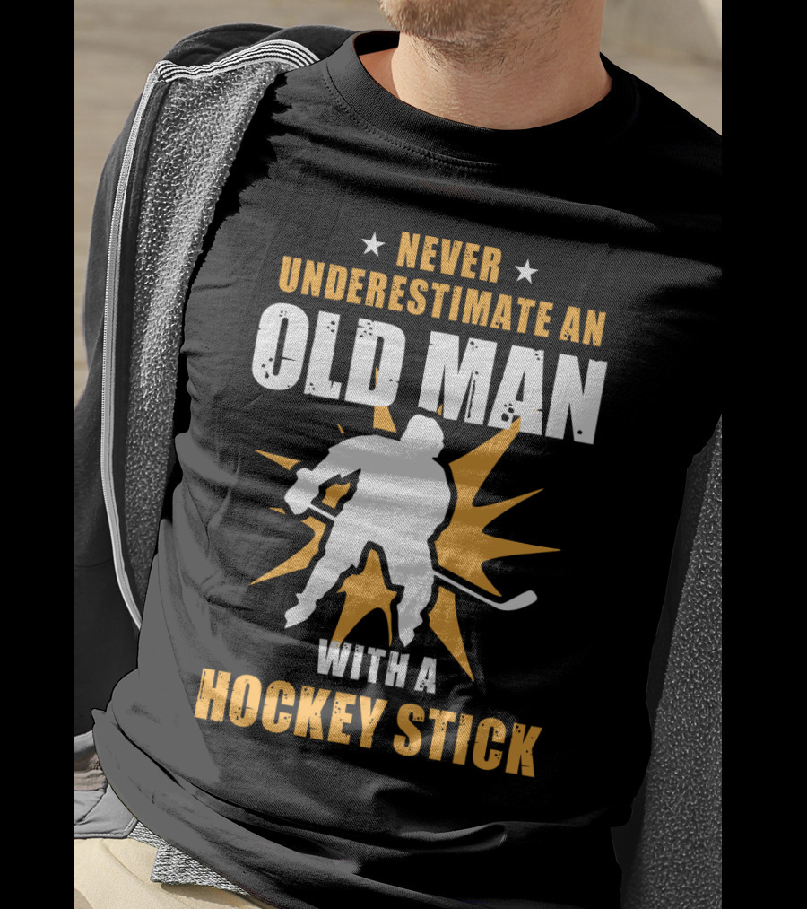 Never Underestimate An Old Man With A Hockey Stick Silhouette Starburst T-Shirt