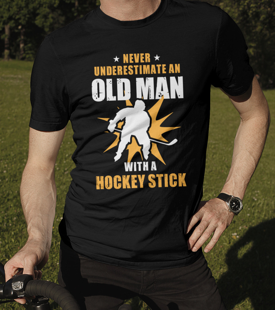 Never Underestimate An Old Man With A Hockey Stick Silhouette Starburst T-Shirt
