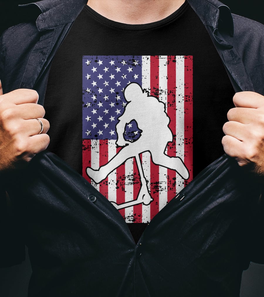 Stunt Scooter Trick With American Flag Background Competition T-Shirt