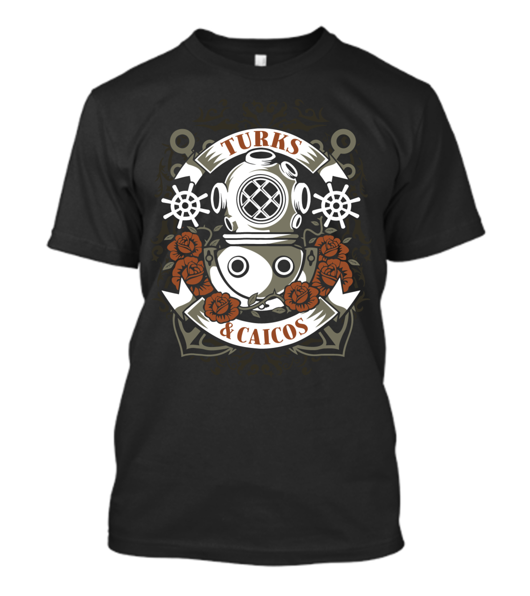 Turks And Caicos Vintage Dive Helmet Roses And Anchors T-Shirt