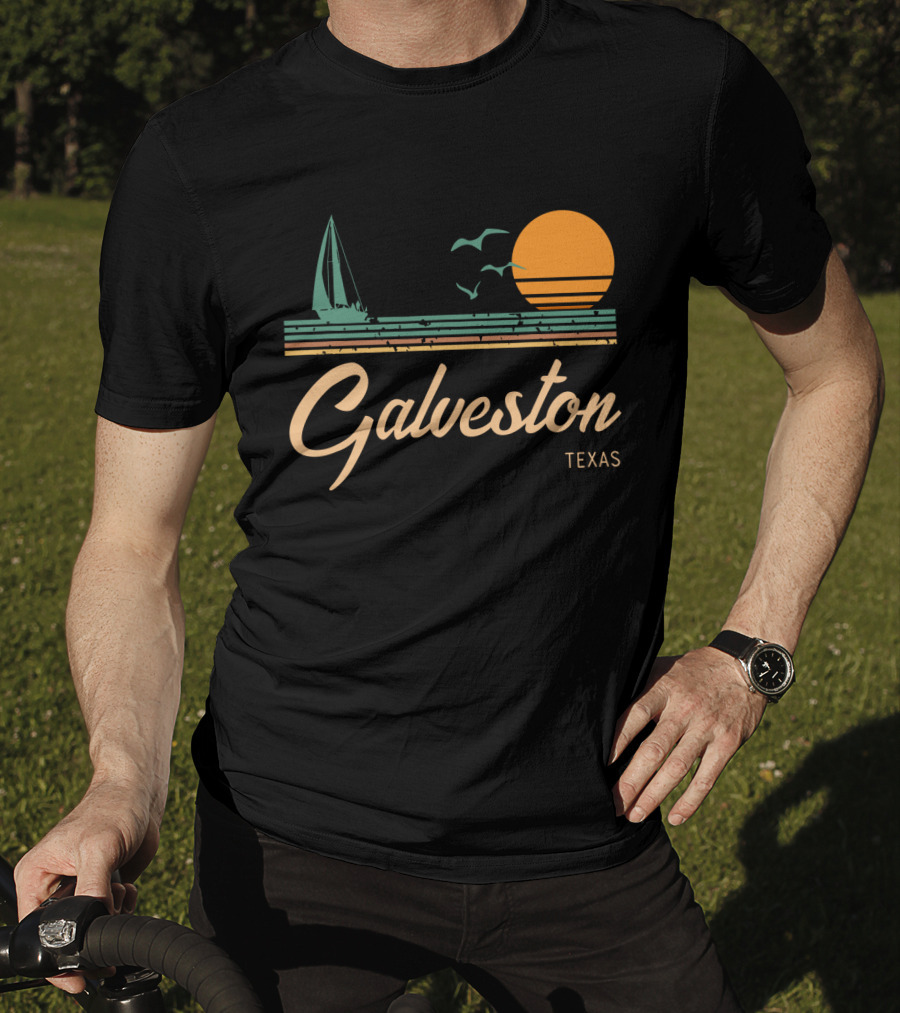 Vintage Galveston Texas Sailboat And Sunset Scene T-Shirt
