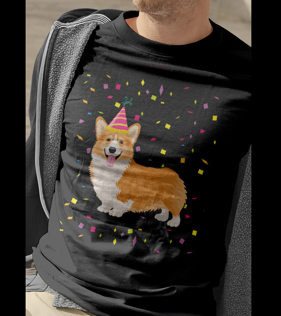 Welsh Corgi Birthday Party With Confetti And Party Hat T-Shirt