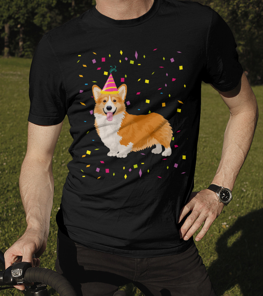 Welsh Corgi Birthday Party With Confetti And Party Hat T-Shirt
