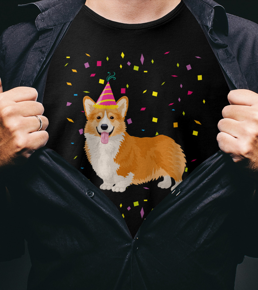 Welsh Corgi Birthday Party With Confetti And Party Hat T-Shirt
