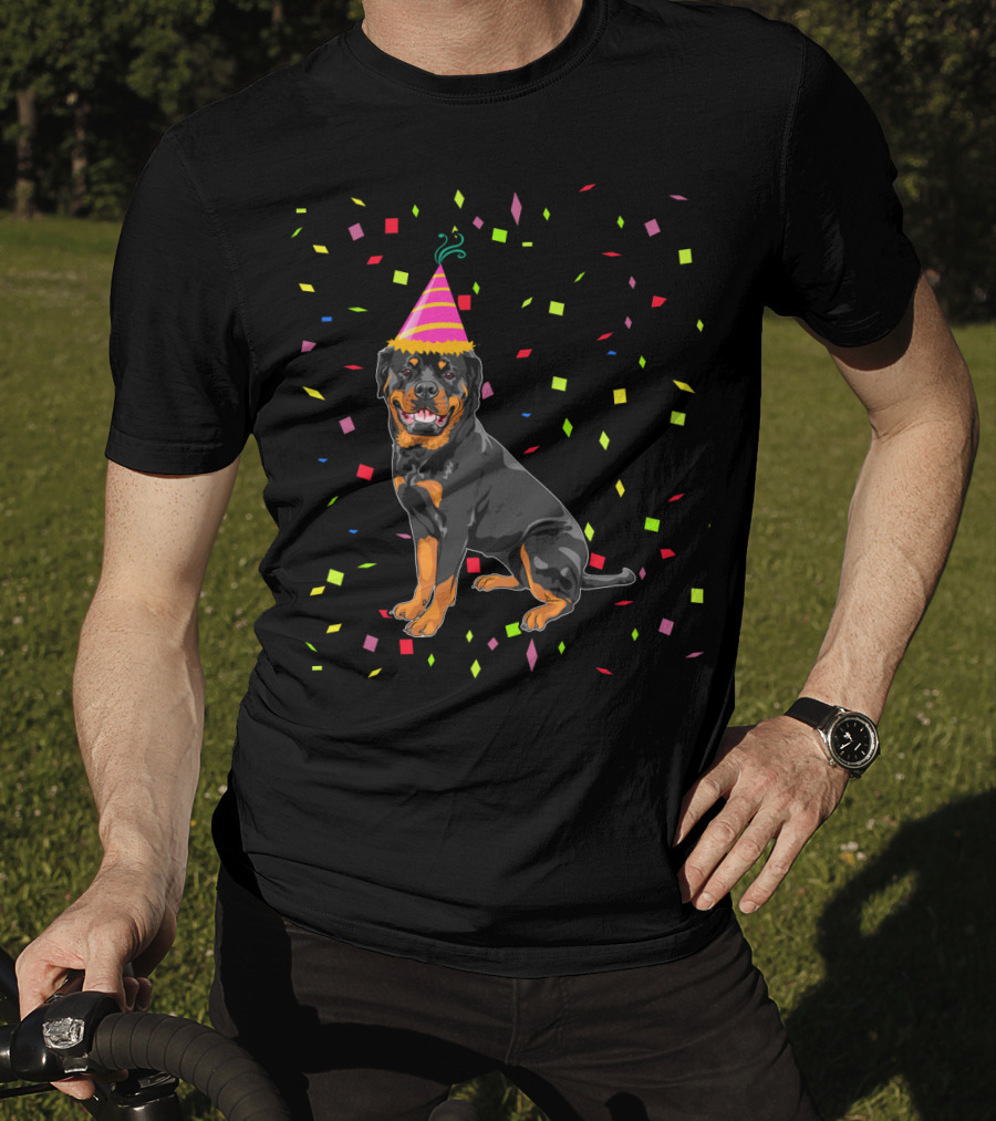 Funny Rottweiler Birthday Party Hat And Confetti T-Shirt