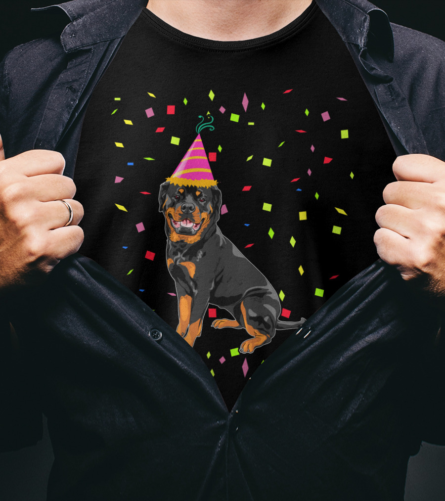 Funny Rottweiler Birthday Party Hat And Confetti T-Shirt