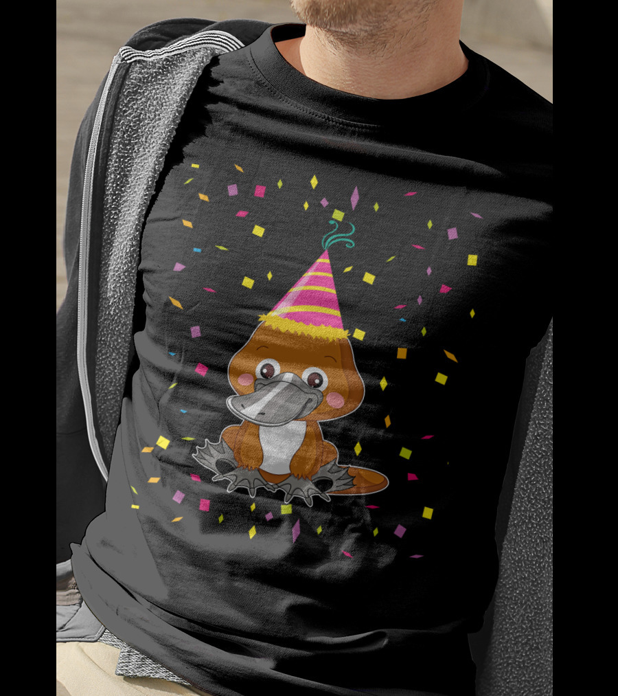 Funny Platypus With Party Hat And Confetti Celebration Birthday T-Shirt