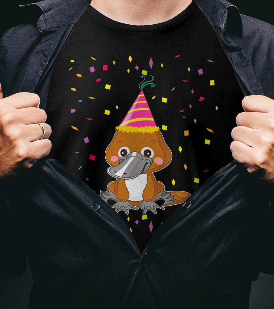 Funny Platypus With Party Hat And Confetti Celebration Birthday T-Shirt