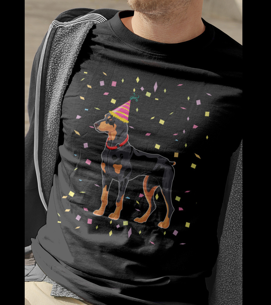 Doberman With Party Hat And Confetti T-Shirt