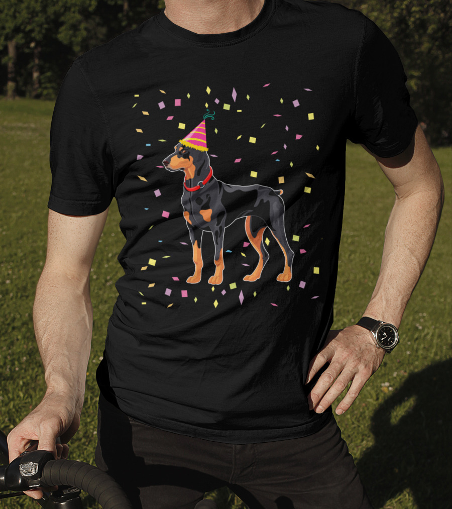 Doberman With Party Hat And Confetti T-Shirt