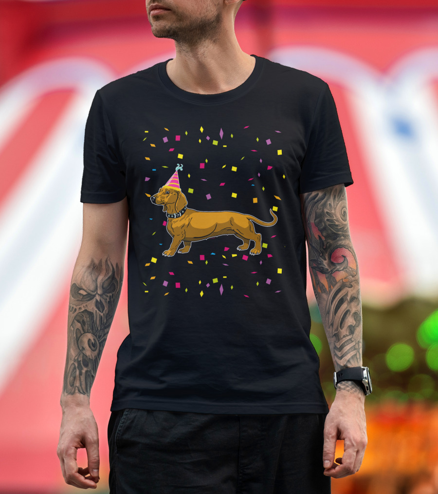 Funny Dachshund Birthday Party With Confetti And Party Hat T-Shirt