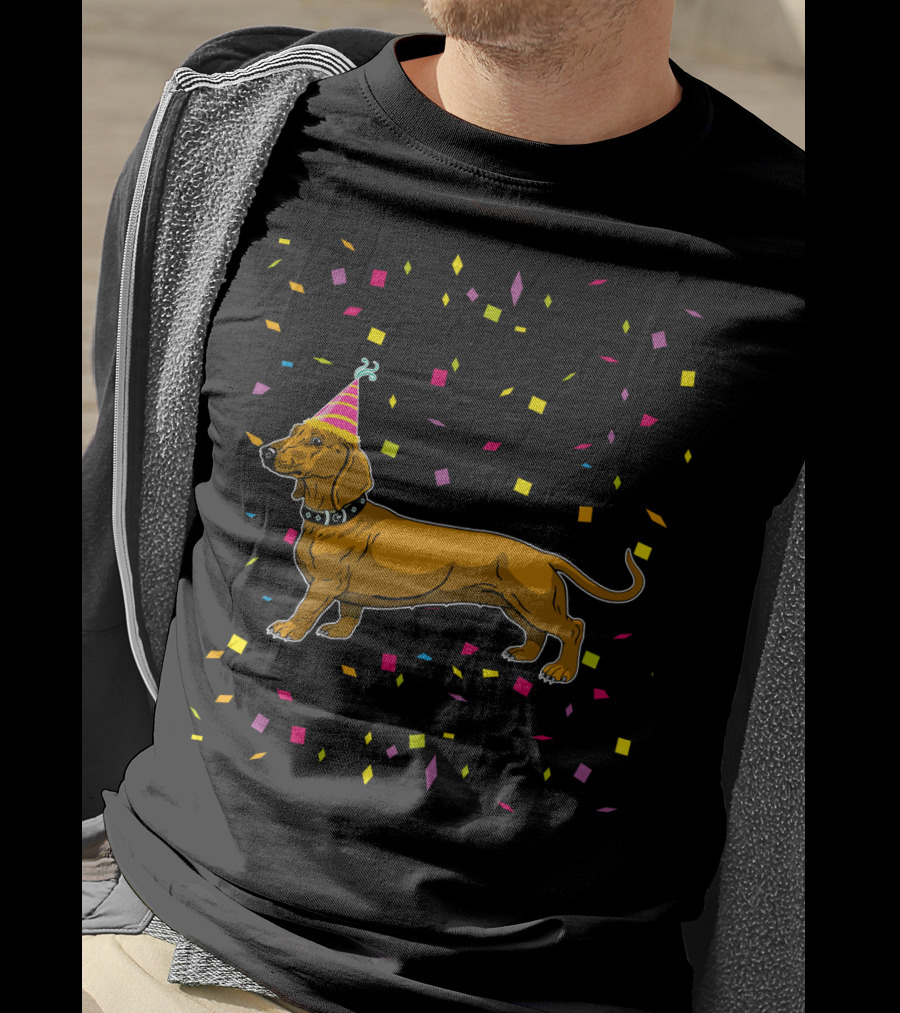 Funny Dachshund Birthday Party With Confetti And Party Hat T-Shirt
