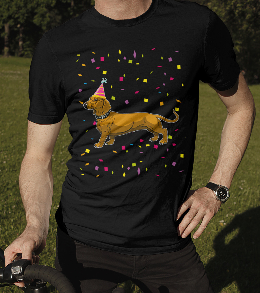 Funny Dachshund Birthday Party With Confetti And Party Hat T-Shirt